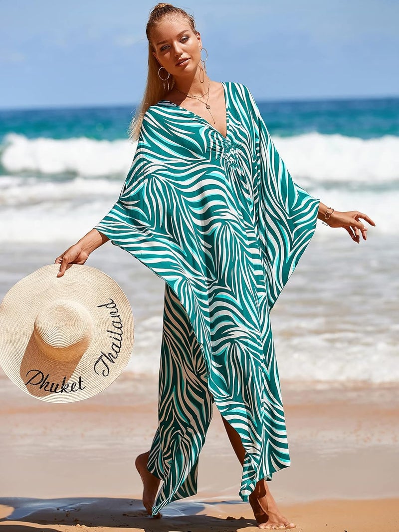 IMAGEKOPE Women's Plus Size Animal Print V-Neck Batwing Kaftan Beach Dress Bathing Suit Cover-Up Loungewear - Image 3